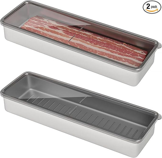 Freshmage Bacon Container for Refrigerator 2 PCS, 304 Stainless Steel Airtight Deli Meat Storage Containers for Fridge Dishwasher Safe Long Kitchen Food Storage Containers with Lids with Elevated Base