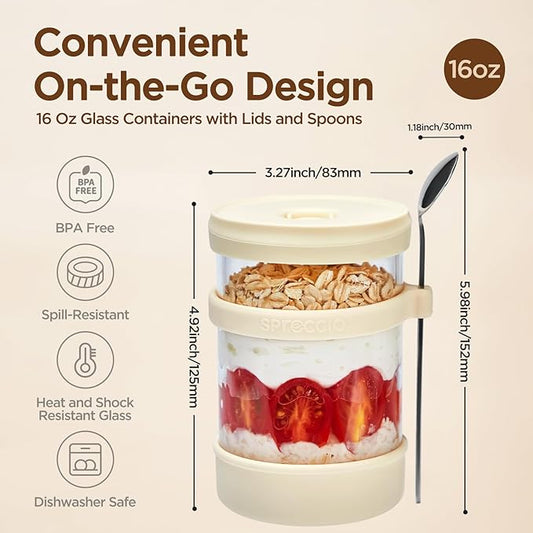 Glass Overnight Oats Containers with Lids of Silicone and Spoon 16 oz [4 Pack], Airtight Overnight Oats Jars with Silicone Lid, For Yogurt Containers Chia Pudding Jars Snack Spice (Multicolored)