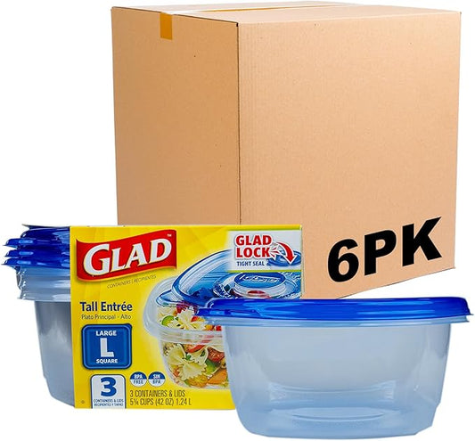 Glad GladWare Tall Entrée Food Storage Containers | Large Square Containers Hold up to 42 Ounces| Strong and Sturdy Large Kitchen Storage Holders, 3 Count - 6 Pack