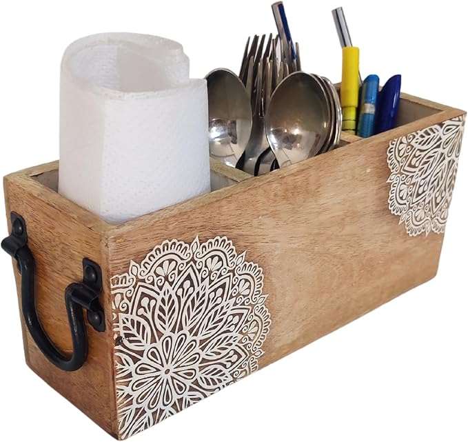 VANIYA CRAFTSR® Handmade Wooden Carved Design Compartments Cutlery Utensil Holder For Napkins, Spoons, Forks, Tissues, Knife Natural finish (Natural White Finish)
