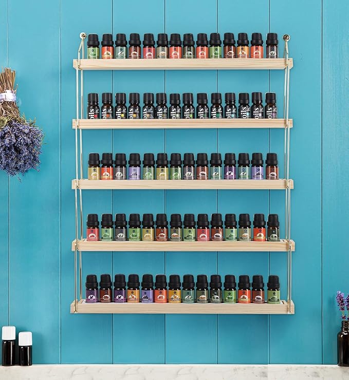 J JACKCUBE DESIGN Wall Mount Essential Oils Display Shelf with 5 Tier for 70 Bottles Holder Gold Frame and Wood Rack Organizer - MK482B