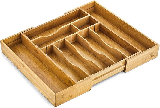 Night Tree Deep Bamboo Drawer Organizer – Expandable Utensil and Silverware Tray for Kitchen Cutlery and Flatware, Large Size (21.6" or 13.7" x 17" x 2.5")