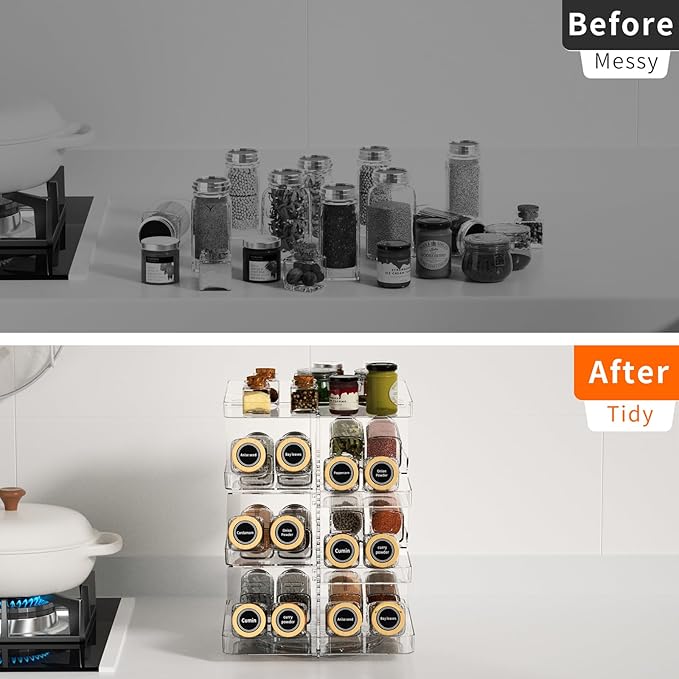 Revolving Spice Rack Organizer for Cabinet, DIY Adjustable 8 Tier Clear Rotating Spice Shelf Countertop, Space Saving Lazy Susan Seasoning Organizer for Kitchen, Pantry Cupboard Storage Turntable