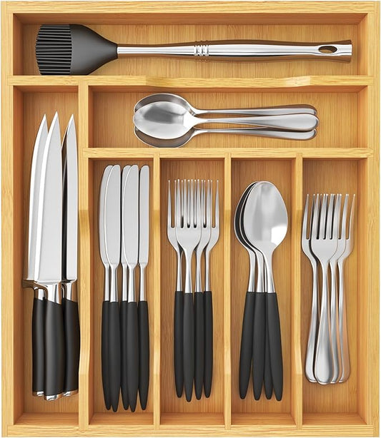 Lifewit Silverware Drawer Organizer Tray, Bamboo Cutlery Storage for Kitchen Drawer, 7 Compartment Flatware and Utensil Holder Divider for Spoons Forks Knives Tableware, Natural