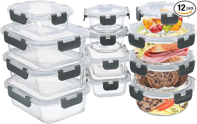 12 Pack Glass Food Storage Containers with Airtight Lids for Meal Prep, Leftover, BPA-Free, Leak-Proof, Freezer to Microwave Safe (12 Lids & 12 Containers)