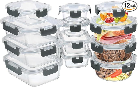 12 Pack Glass Food Storage Containers with Airtight Lids for Meal Prep, Leftover, BPA-Free, Leak-Proof, Freezer to Microwave Safe (12 Lids & 12 Containers)