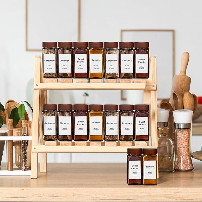 16 Pcs Spice Jars, 4oz Seasoning Containers with Acacia Wood Shaker Lids, Glass Spice Bottles with Labels, Square Seasoning Organizer, Kitchen Spice Container
