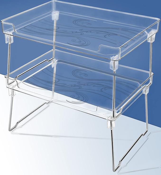 Kitchen Stackable Shelves 2Pack, Cabinet Storage Shelf Rack, Foldable Countertop Shelf Organizer for Kitchen, Bedroom and Bathroom, Cabinet Storage Organization-Clear