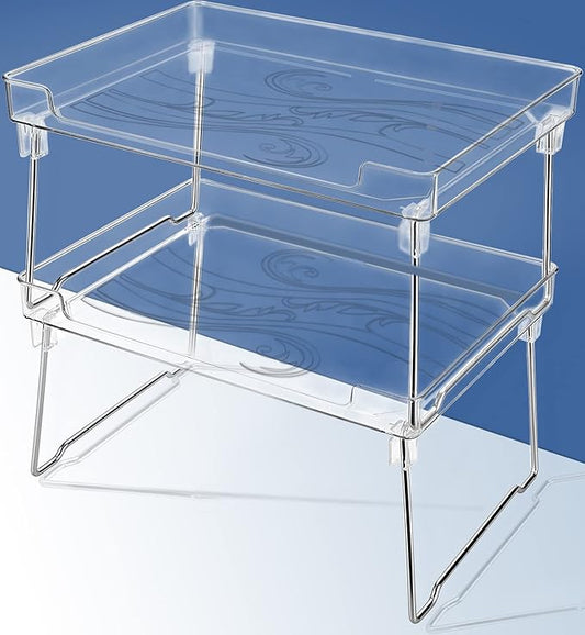 Kitchen Stackable Shelves 2Pack, Cabinet Storage Shelf Rack, Foldable Countertop Shelf Organizer for Kitchen, Bedroom and Bathroom, Cabinet Storage Organization-Clear