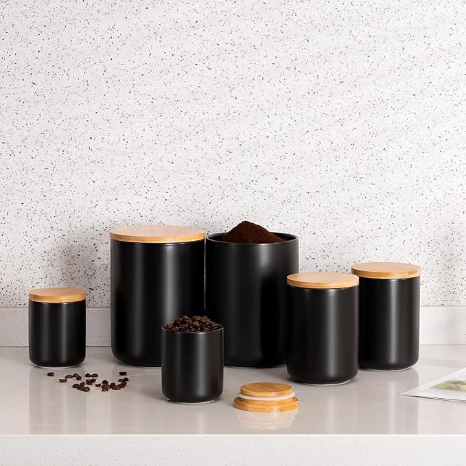 Yangbaga Black Canisters for Kitchen-Kitchen Canisters for Countertop with Airtight Wood Lids/Spoons/Stickers,Ceramic Kitchen Storage Containers for Large Flour,Suger,Coffee（15 OZ)