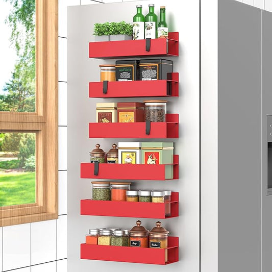 6-Piece Extra-Large Capacity Magnetic Spice Rack for Refrigerator, Red