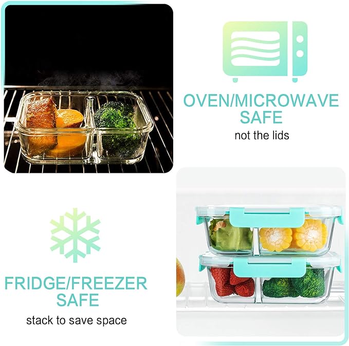 [5-Pack,36 Oz]Glass Meal Prep Containers 2 Compartments Portion Control with Upgraded Snap Locking Lids Glass Food Storage Containers, Microwave, Oven, Freezer and Dishwasher (4.5 Cups, Green)