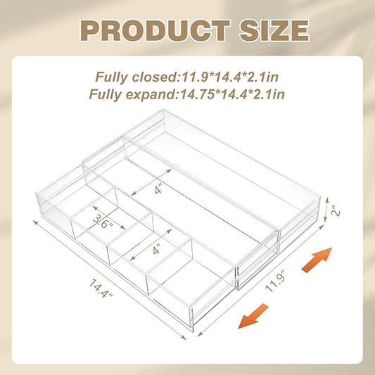 1 Pc Acrylic Desk Drawer Organizer Maximum Expandable Drawer Organizer Trays with 8 Adjustable Compartments Desk Accessories for Makeup Silverware Office Bathroom(Clear,Stylish)
