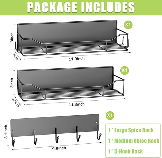 Magnetic Spice Rack for Refrigerator, 3 Pack Metal Magnet Spice Organizer Shelf with Hook Rack, Magnetic Fridge Shelves for Kitchen Organization and Storage, Seasoning Organizer Gadgets (Black)