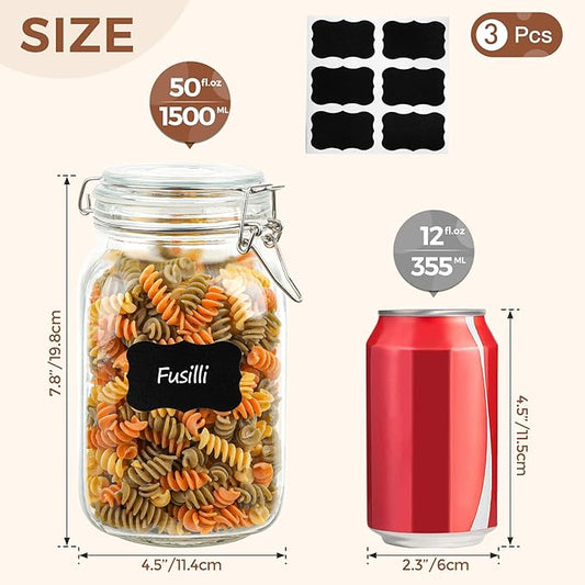 ComSaf Airtight Glass Canister Set of 3 with Lids 50oz Clear Food Storage Jars Square, Kitchen & Pantry Organization Food Storage Container for Canning, Sugar, Flour, Pasta, Candy, Cereal, Coffee
