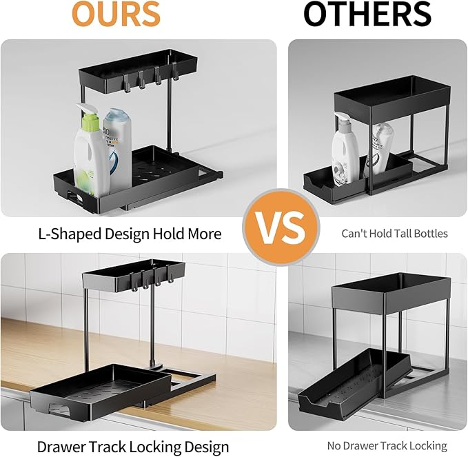 Delamu 2 Pack Under Sink Organizers and Storage, 2 Tier Pull Out Bathroom Cabinet Organizer, L-Shape Black Under Bathroom Kitchen Sink Organizer with Drawer for Under Sink Storage Organizer