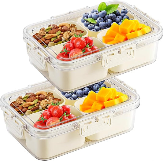 2 Pack Divided Serving Tray with Lid and Handle, Snackle Box Container mit 4 Compartments Clear Serving Platters and Trays,Snack Platters for Veggie Fruits Snacks Nuts, for Picnic Party Travel