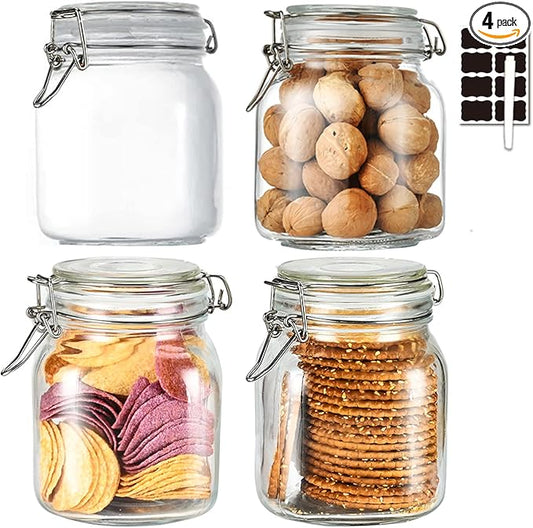 32oz Glass Food Storage Jars with Airtight Clamp Lids,Set of 4 Airtight Glass Canister Square- Clear Storage Container for Kitchen Container Storing Sugar, Flour, Cereal,Coffee,Spice…