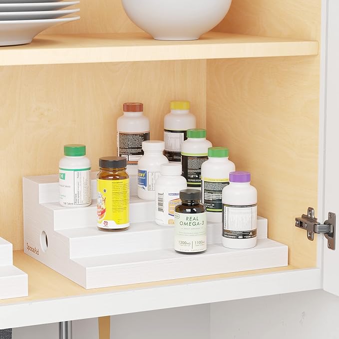 SpaceAid Bamboo Spice Rack Organizer for Cabinet, Kitchen Pantry Spices Storage Rack for Cabinets Organization, Home Seasoning Tiered Can Goods Racks Wood Shelf Organizers (4 Tier, White)