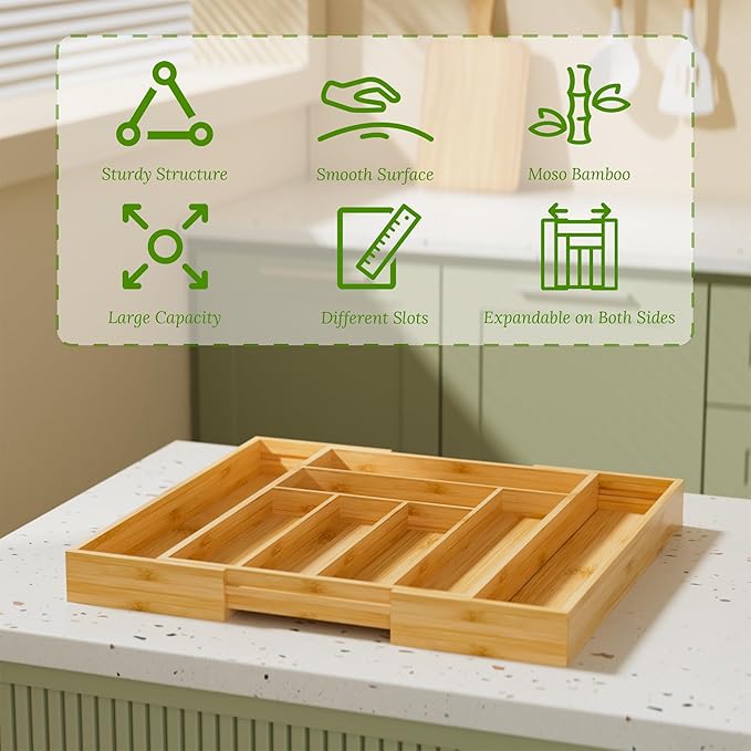 Silverware Organizer Utensil Drawer Organizer - Bamboo Silverware Tray Expandable 8 Slots Flatware Organizer For Kitchen Office Makeup Desk Drawers W12.7-19" x L17.2 (Yellow)