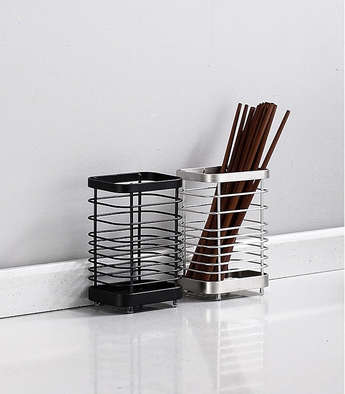 Stainless Steel Kitchen Utensil Holder Countertop, Drying Caddy, Cutlery Drainer, Rust-Proof Organizer (Black Plus)