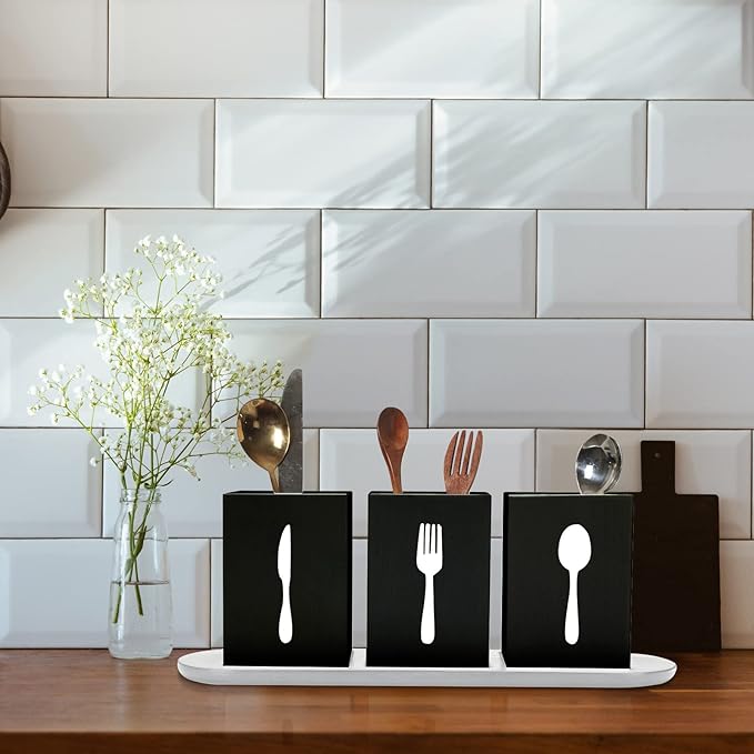 Kathfly 4 Pcs Silverware Caddy Utensil Holder for Countertop Silverware Organizer with Wood Tray Spoon Fork Holder 3. 15 x 3. 15 x 4. 53 Inches of Each Organizer for Kitchen Parties(Black)