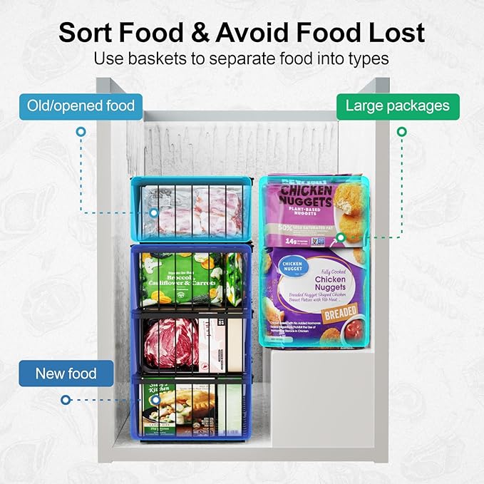 iSPECLE Chest Freezer Organizer Bins - 8 Pack Stackable Freezer Organizer for 5 to 7 Cu.Ft Freezer and Upright Freezer Over 8.5 Cu.Ft, Easy Get Food from Bottom, Add Extra Storage Space, Black