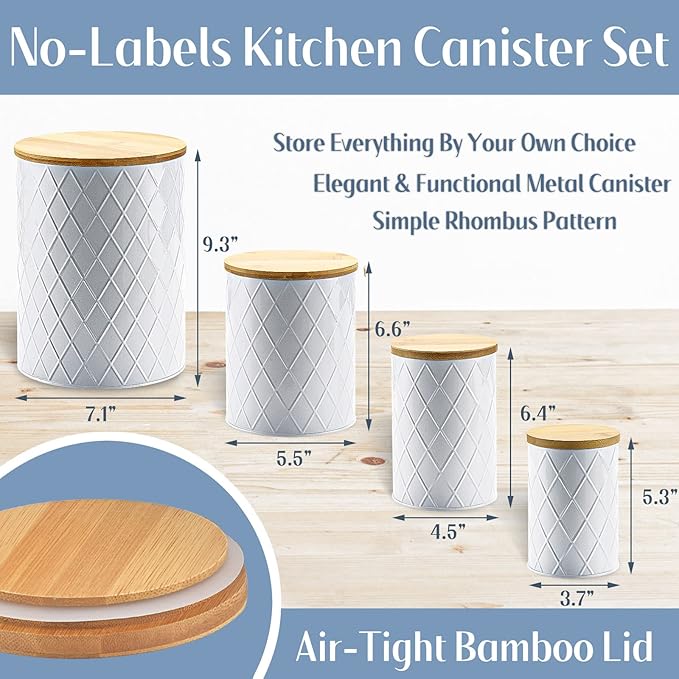 White Kitchen Canisters Set with Wooden Lids, Airtight Sugar, Flour, Coffee, Cookie Storage Canister Sets for Kitchen Countertop, Farmhouse Decor, 4 Pack