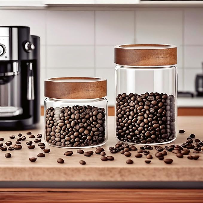 17 Fl oz/500 ml Glass Food Storage Jar, Small Clear Glass Container Jar with Airtight Wooden Screw Lid, Kitchen Canisters for Coffee,Tea,Pasta,Cookies, Nuts,Spice,Candy,Overnight Oatmeal