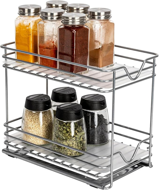 Household Essentials Glidez Paint-Finished Steel Pull-Out/Slide-Out Storage Organizer with Plastic Liner for Spice Rack Use - 2 -Tier Design - Fits Standard Size Cabinet or Shelf, Brushed Silver
