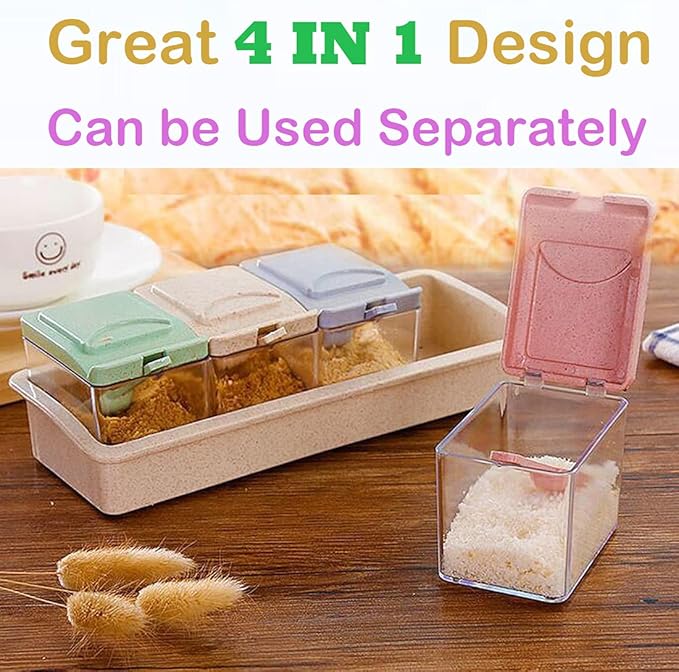 ZaoProteks Condiment Jar Spice Container with Lids and Spoons, Condiment Canisters Pots Seasoning Box Salt Container Sugar Bowl Set of 4 for Kitchen, Counter and Food Storage
