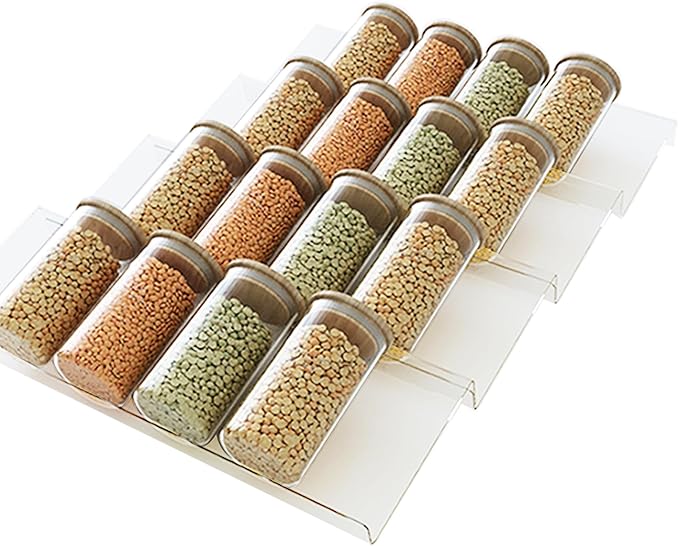 Spice Drawer Organizer with Labels, 4 Tier 4 Pack Seasoning Organizer Rack, Clear Plastic Storage Trays with Angled Dividers for Dressing Table,Bathroom (Not Jars/Expandable From 13 to 26")