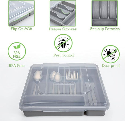 Silverware Organizer with Lid for Drawer, Plastic Utensil Holder for Countertop, Flatware Organizer Cutlery Tray with Cover 5 Compartments (Gray)
