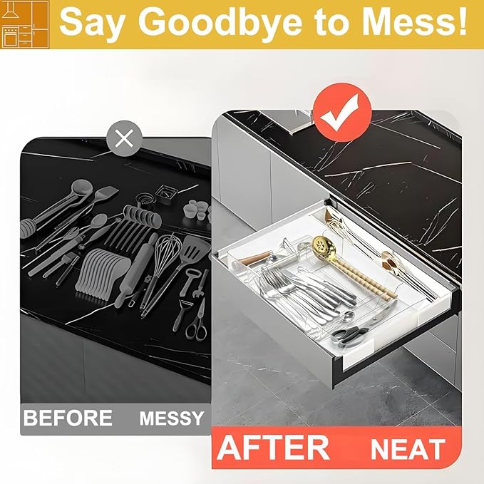Expandable Adjustable Kitchen Drawer Organizer - Clear Multi-Purpose Tray for Silverware, Cutlery, Utensils, Stationery, Home Office Tools - Customizable Storage for Forks,Knives,Spoons,Pens