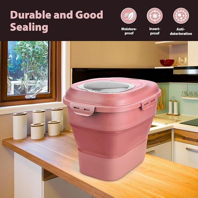 Large Rice Storage Container, 20lb to 50lb Collapsible Dry Food Storage Bins with Flip Lid and Rolling Wheel, Kitchen Organization Pantry to Store Cereal Flour, Dog Cat Food Storage Container