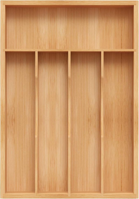 Bamboo Silverware Organizer, Kitchen Drawer Organizer, Utensil Holder, Cutlery Tray & Spoon Flatware Storage with Grooved Drawer Dividers (5 Slots, Natural)