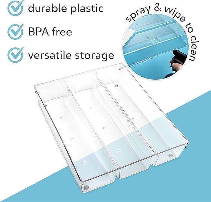 Kitchen Utensils Organizer | Utensil Tray Holder | Large Non-Slip Cutlery Drawer Organizer, 3 Compartment Multi-Purpose Home Organization, Clear Acrylic