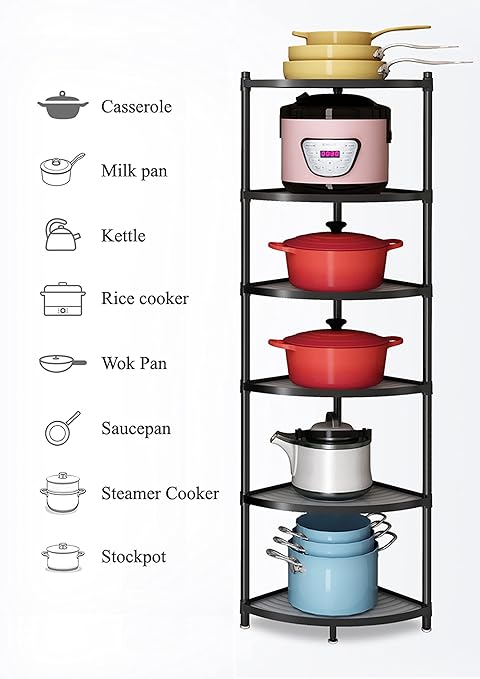 6-Tier Kitchen Pot Rack, Cookware Stand Storage Organizer ，Multi-Layer Corner Shelf Stand Stainless Steel Shelves for Kitchen