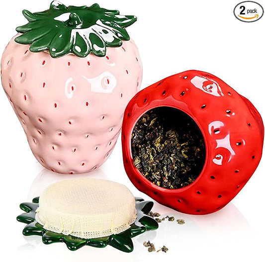 2 Pack Ceramic Strawberry Jars, Strawberry Shaped Canisters With Lids, Unique Multifunction Tea Storage Tin, Farmhouse Food Container for Sugar Biscuit, Strawberry Decor for Home, Red Pink