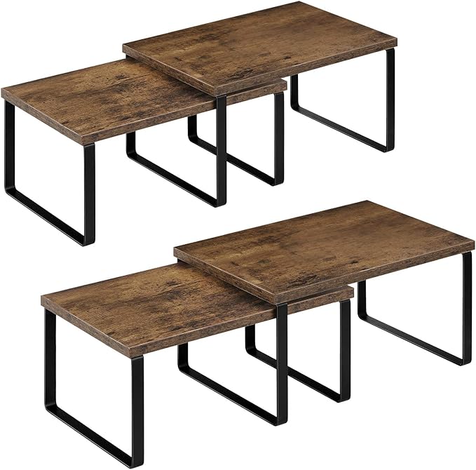 ETELI Kitchen Counter Cabinet Shelf Organizer Expandable Stackable Shelves Set of 4 Shelf Risers Small Counter Top Racks for Kitchen Cupboard Pantry, Brown