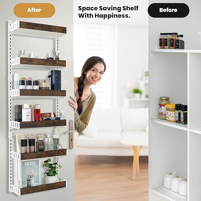 Over The Door Organizer - 6-Tier Pantry Organizer & Storage Shelf, Wooden Spice Rack with 12 Hooks, Multipurpose Behind Door Storage Solution for Kitchen, Bathroom, or Closet Wall Mount Use