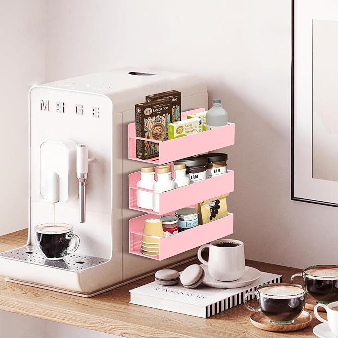 Magnetic Spice Rack Organizer for Fridge Seasoning Organizer for Kitchen storage with Screw or Adhesive Hanging,Magnetic Shelf with Hook for Refrigerator and Oven (Pink, 4pack)