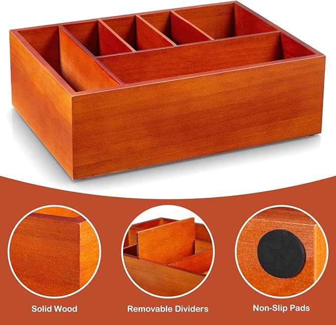 Paper Plate and Utensil Caddy for Party - Wooden Paper Plate Organizer for Countertop - Silverware Caddy with 6 Compartments for Cup Fork Spoon Napkin - Cutlery Holder for Kitchen Camping Buffet