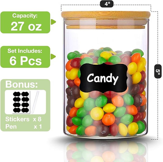Glass Storage Jars with Bamboo Lid, 27 OZ Airtight Food Storage Jar with Labels, Clear Kitchen Canisters for Candy, Cookie, Rice, Coffee Beans, Snacks, Spices