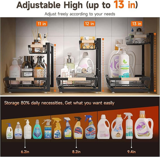 2 Packs Under Sink Organizer, High Adjustable 2 Tier Under Kitchen sink organizer, Multi-Purpose Storage Shelf for Kitchen Bathroom Cabinet, Black