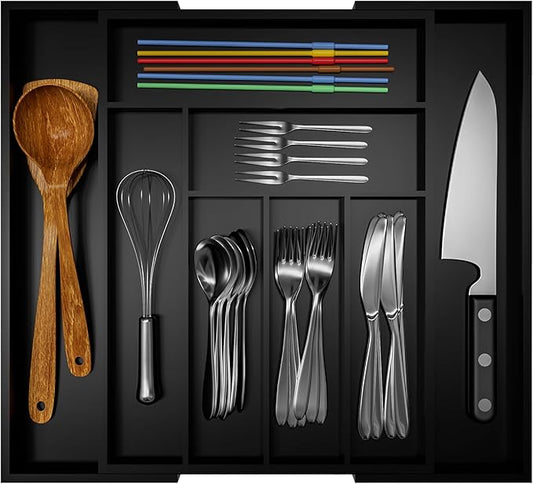 Silverware Organizer Utensil Drawer Organizer - Bamboo Silverware Drawer Organizer Expandable 8 Slots Flatware Organizer For Kitchen Utensils, Art Set, Cosmetic Tools W12.7-19" x L17.2" (Black)
