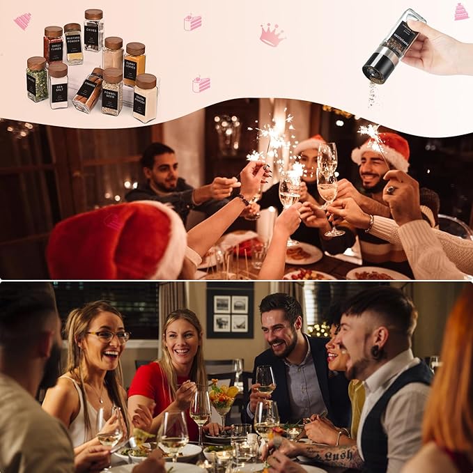 Yangbaga Glass Spice Jars with Labels: 14p 4oz Wide Mouth Square Bottle w/Pepper Grinder&Funnel - Airtight Wood Lid & Dishwasher Safe - Home Kitchen Pantry Daily Use - Gift for Newlyweds/Households
