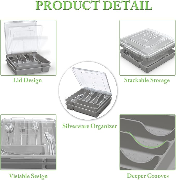 Silverware Organizer with Lid for Drawer, Plastic Utensil Holder for Countertop, Flatware Organizer Cutlery Tray with Cover 5 Compartments (2 Layer-Gray)
