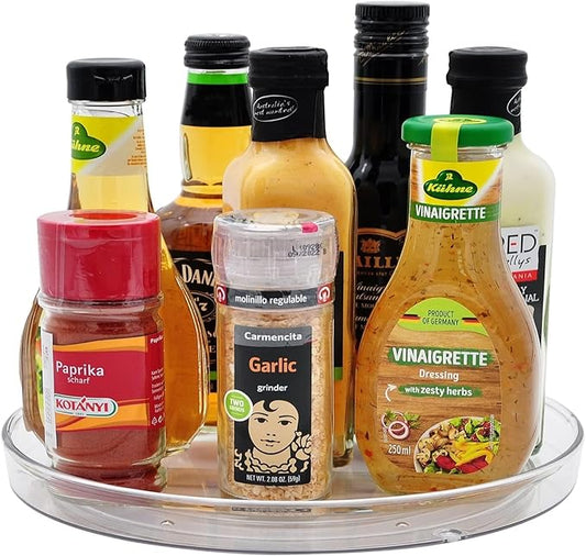 Lazy Susan Turntable Food Storage Container for Cabinets, Pantry, Refrigerator, Countertops, BPA Free - Spinning Organ-izer Rack for Spices, Condiments, Baking Supplies - 9" Round，Clear