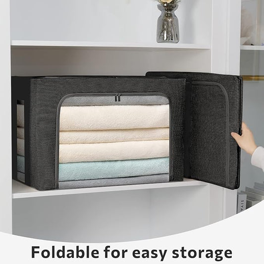 2 Pack Clothes Storage Bins Foldable Metal Frame Storage Box Large Capacity Linen Fabric Organizer Set with Carrying Handles and Clear Window (Black, 19.7x 15.7x 12.6 Inch)